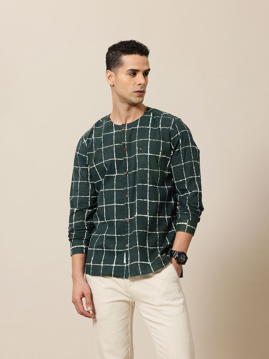 Mr Bowerbird Pure Cotton Bagru Hand Block  Windowpane Checked Liberal Fit Casual Shirt