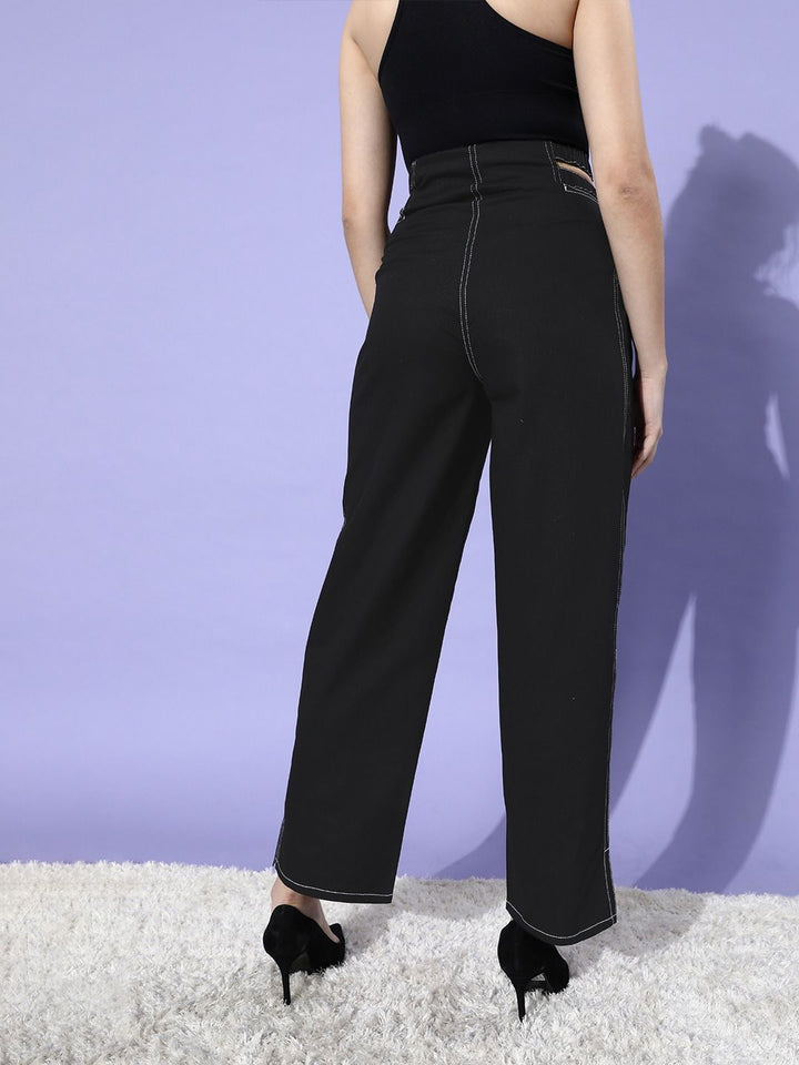 STREET 9 Women Stylish Black Solid High-Rise Trousers