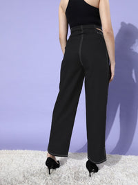STREET 9 Women Stylish Black Solid High-Rise Trousers