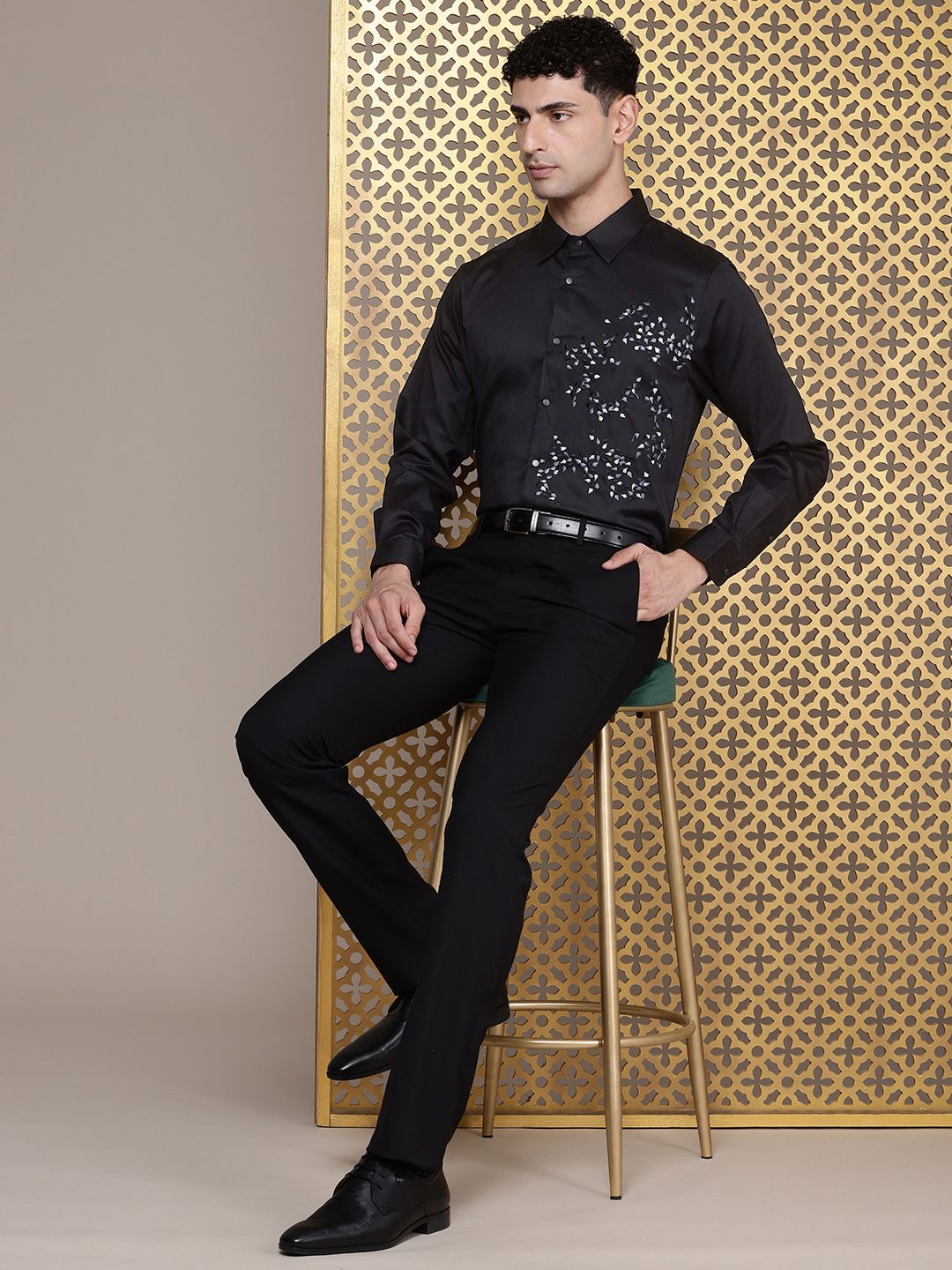 House of Pataudi Pure Cotton Floral Embroidered Opaque Party Shirt