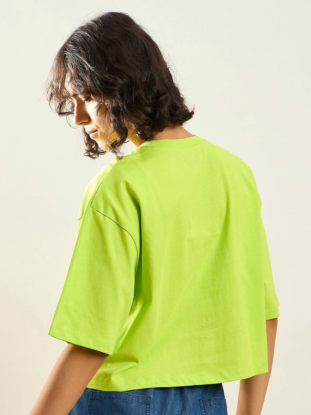 SASSAFRAS Green Typography Printed Round Neck Pure Cotton Oversized Crop T-shirt