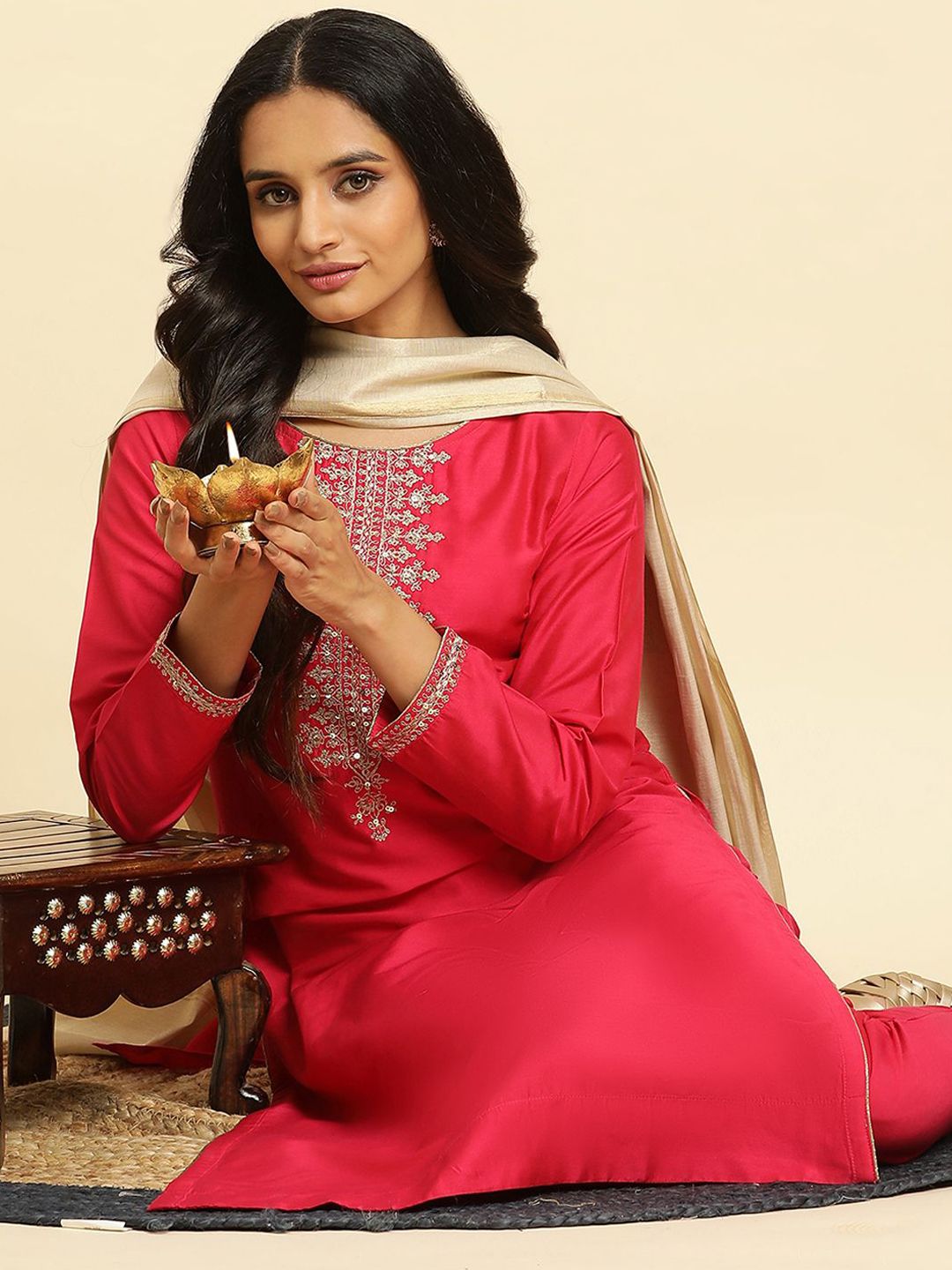 W Floral Embroidered Regular Straight Kurta with Trousers & With Dupatta