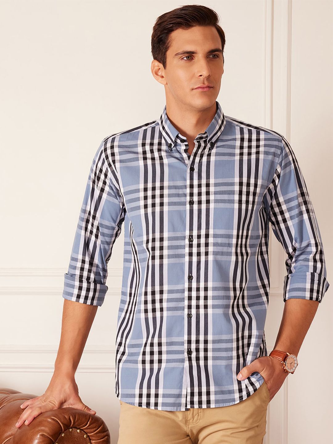 DENNISON Smart Tartan Checks Checked Button-Down Collar Cotton Casual Shirt