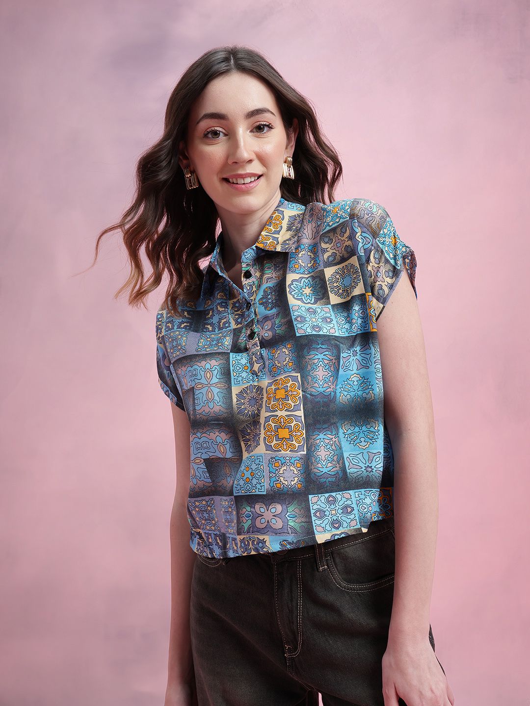 DressBerry Ethnic Motifs Print Extended Sleeves Shirt Style Top