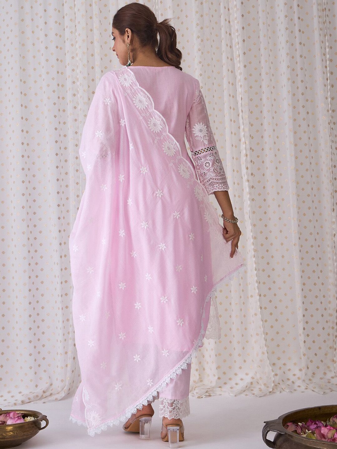 Indo Era V Neck Floral Embroidered Pure Cotton Kurta with Trouser & Dupatta
