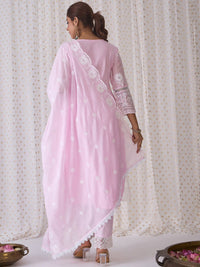 Indo Era V Neck Floral Embroidered Pure Cotton Kurta with Trouser & Dupatta