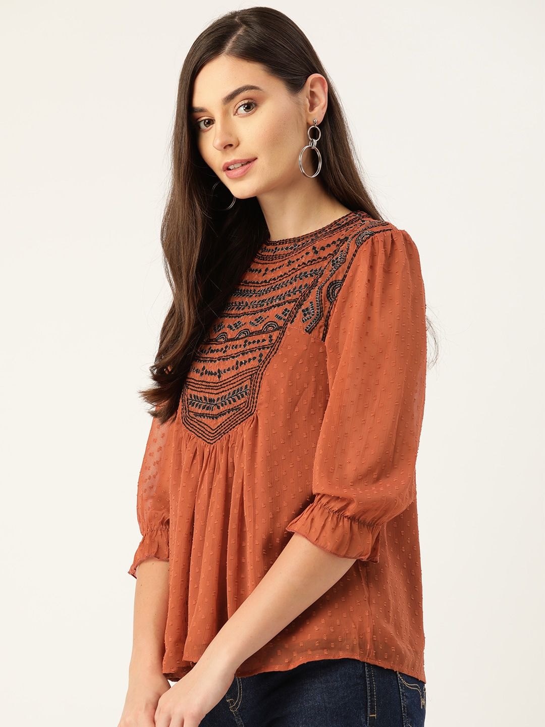 Antheaa Women Rust Brown & Black Embroidered Dobby Weave A-Line Top