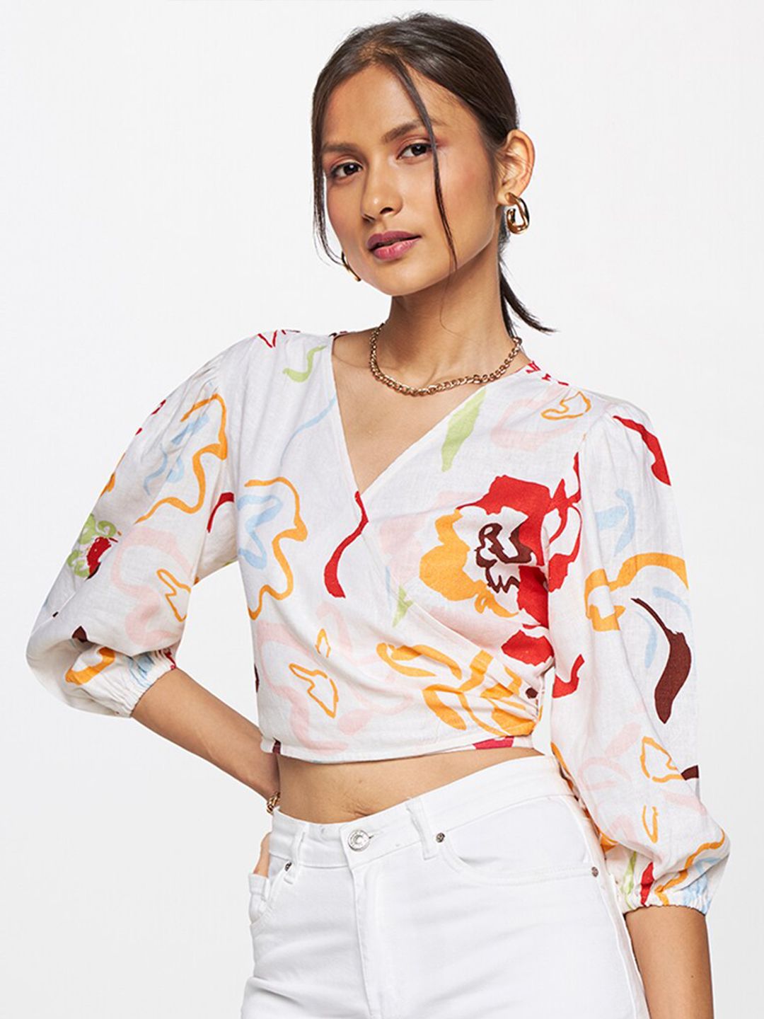 AND Abstract Printed Puff Sleeves Linen Wrap Crop Top