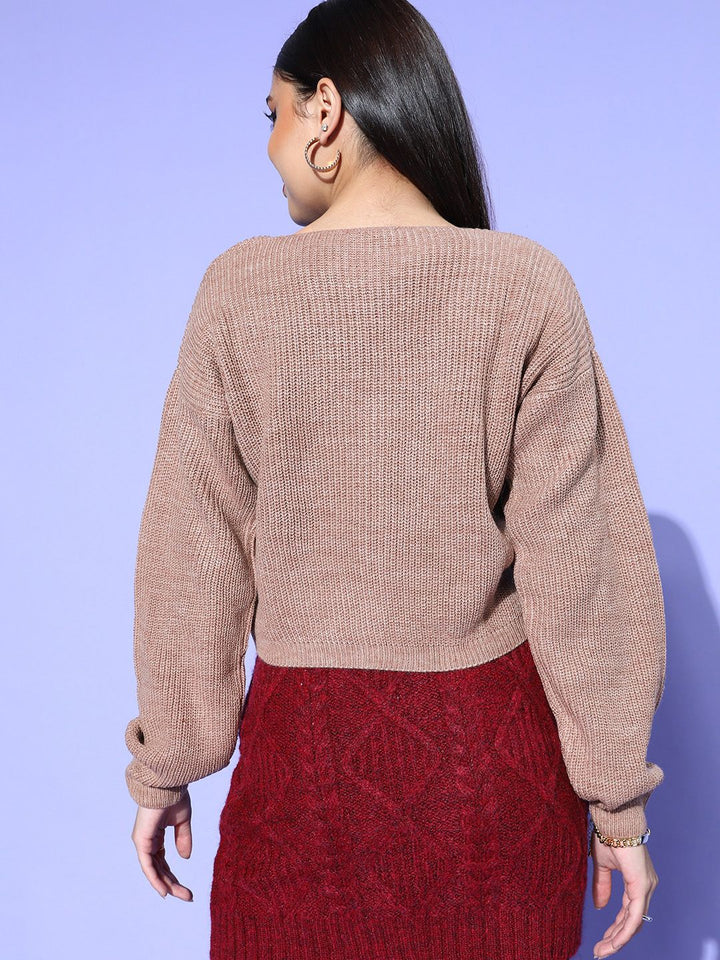 Berrylush Women Peach Solid Knits Bits Sweater