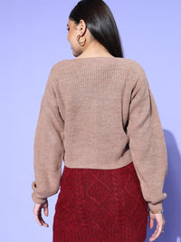 Berrylush Women Peach Solid Knits Bits Sweater