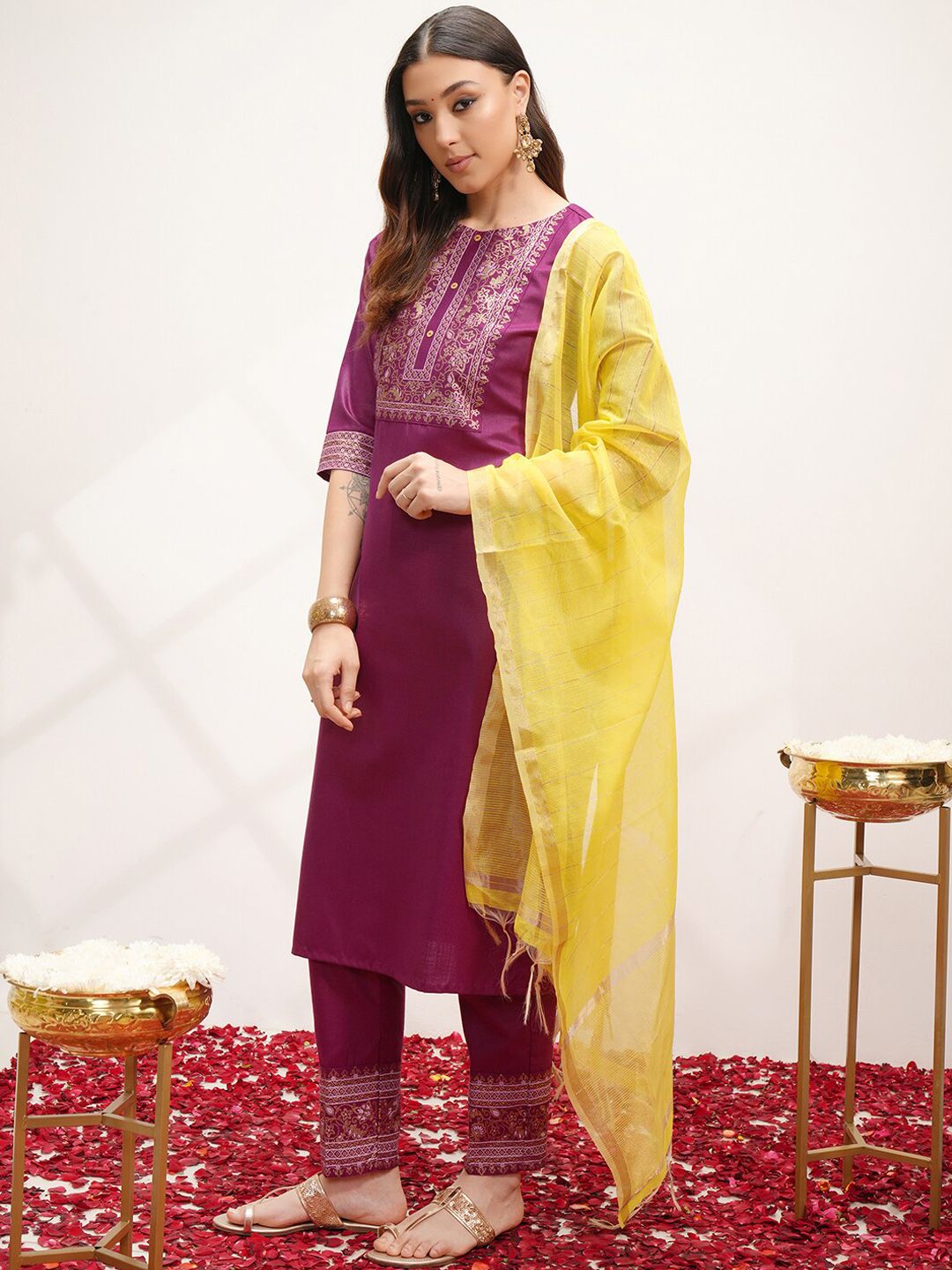 Vishudh Ethnic Motifs Yoke Design Regular Kurta with Trousers & With Dupatta
