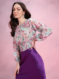 DressBerry Floral Print Smocked Detail Puff Sleeves Blouson Top