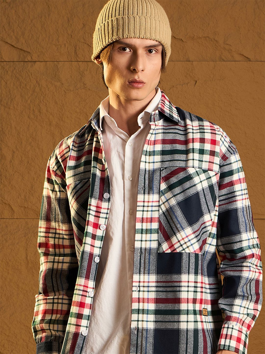 DENNISON Men Double Pocket Drop Shoulder Oversized Cotton Checked Shacket