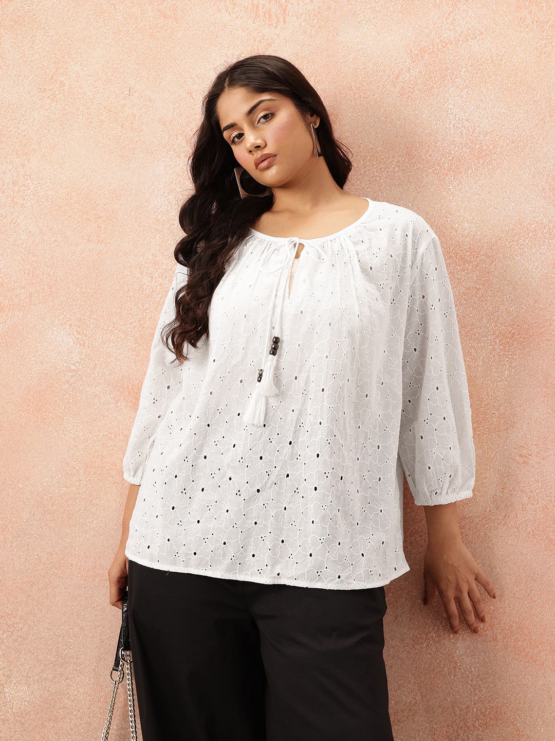all about you Plus Size Floral Tie-Up Neck Pure Cotton Top