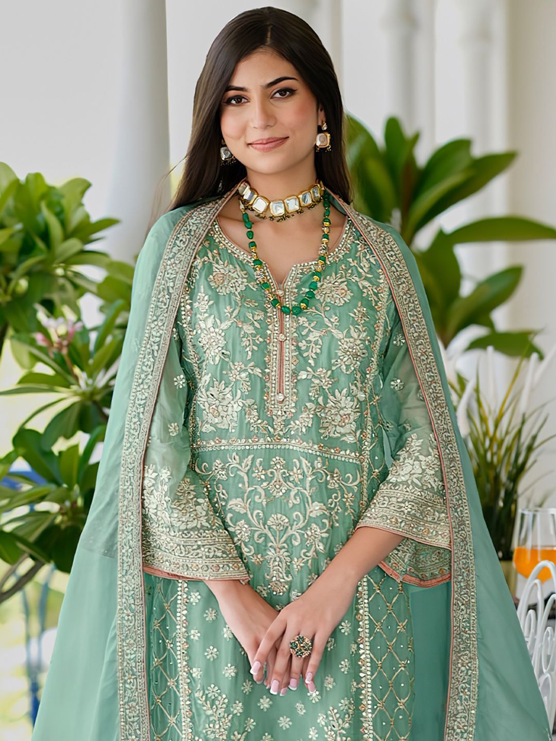 Indo Era Zari Ethnic Motifs Embroidered Notch Neck Straight Kurta With Trousers & Dupatta