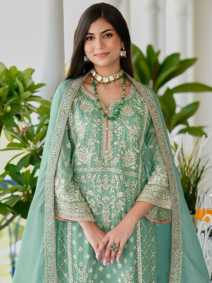 Indo Era Zari Ethnic Motifs Embroidered Notch Neck Straight Kurta With Trousers & Dupatta
