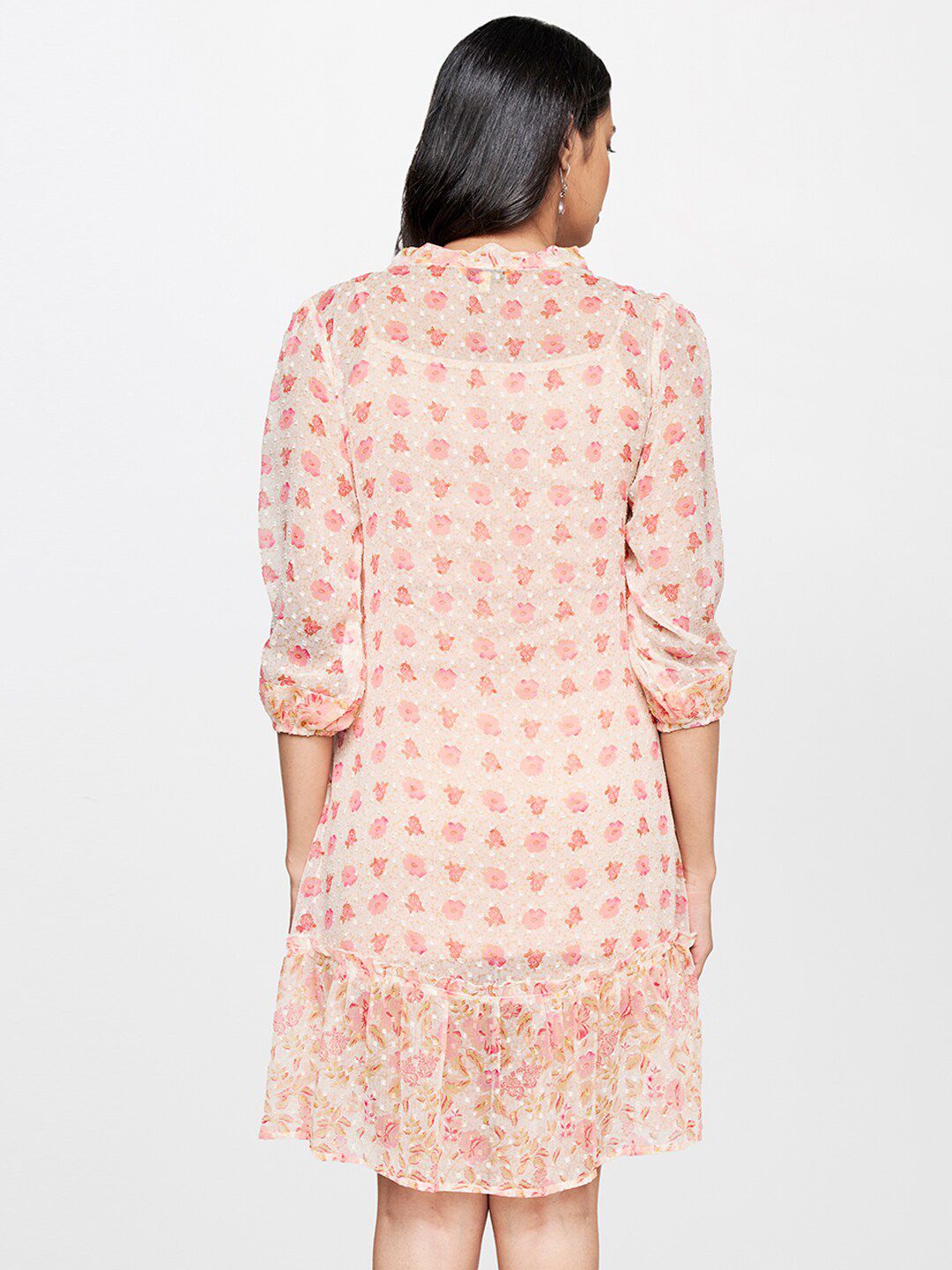 Global Desi Floral Printed Tie-Up Neck A-Line Dress