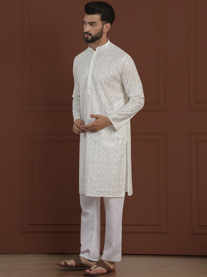 SOJANYA LUXE Motif Etnik Bersulam Kolar Mandarin Kurta Sutera Lurus Kapas & Piyama