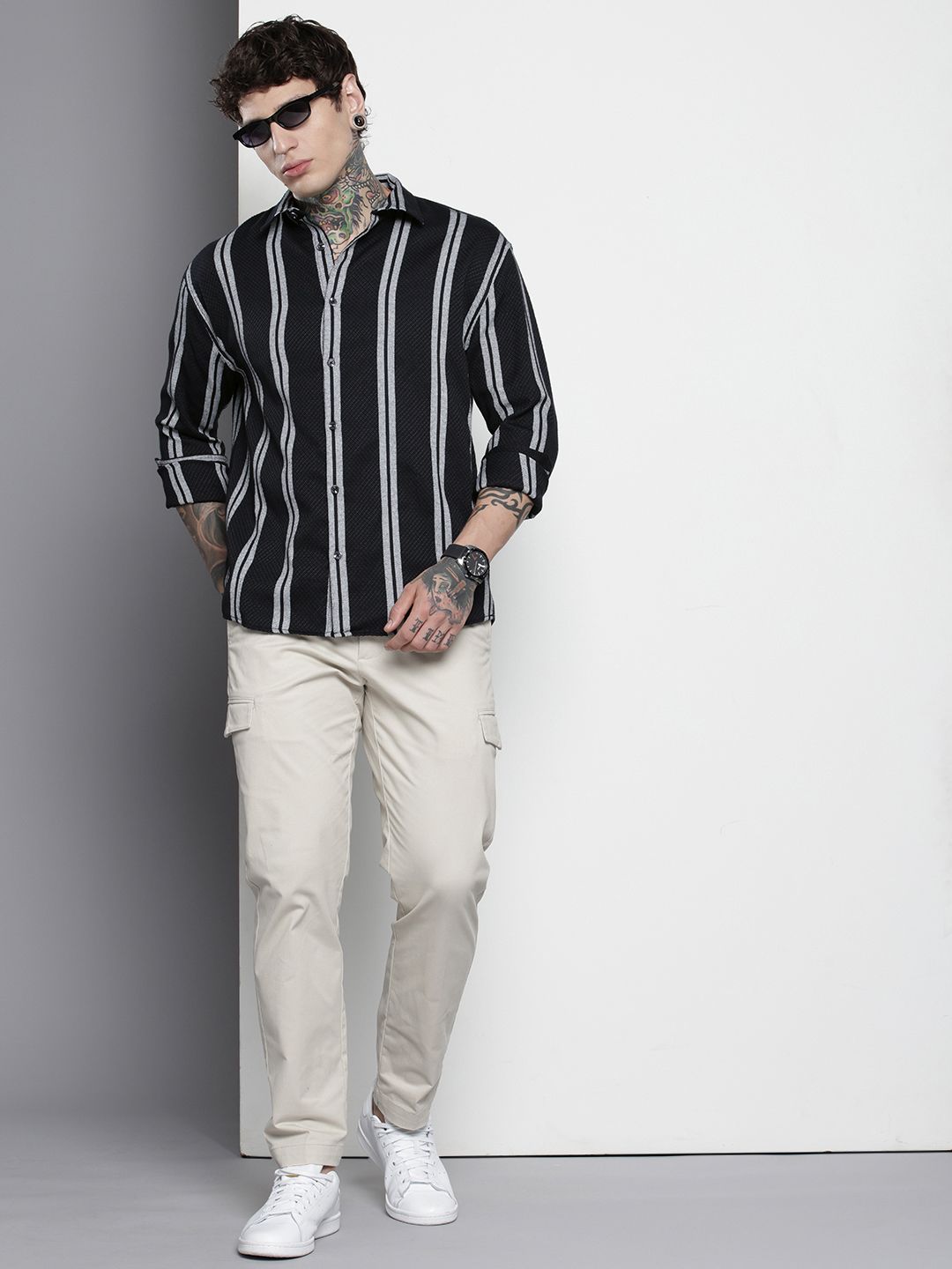 The Indian Garage Co Men Black Relaxed Fit Striped Dobby Resort Wear Shirt