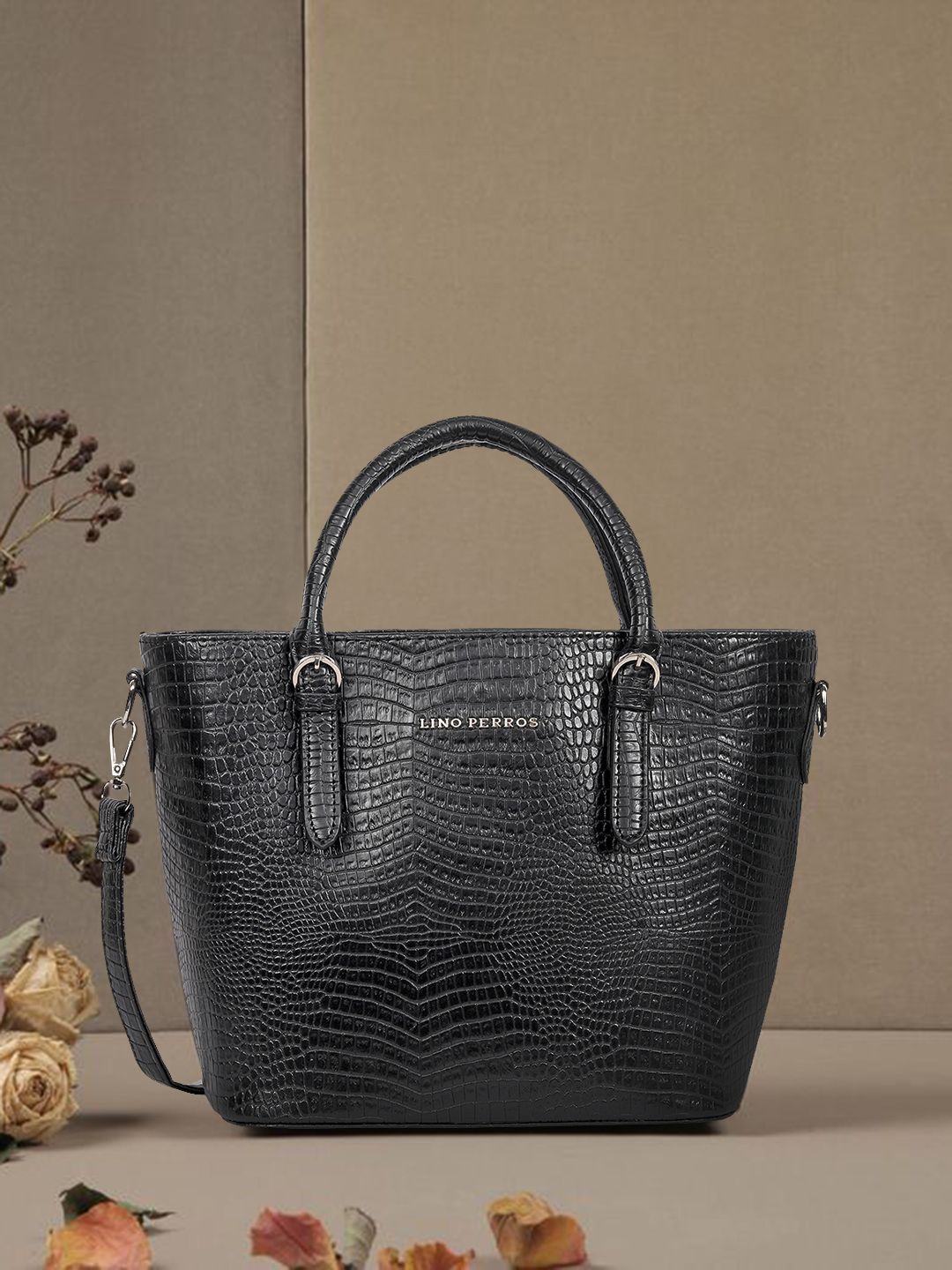 Lino Perros Black Croc-Textured Handheld Bag with Detachable Sling Strap