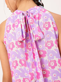 DressBerry Blooming Petal-Printed Cute Fusion Halter Neck Tie Up Dress