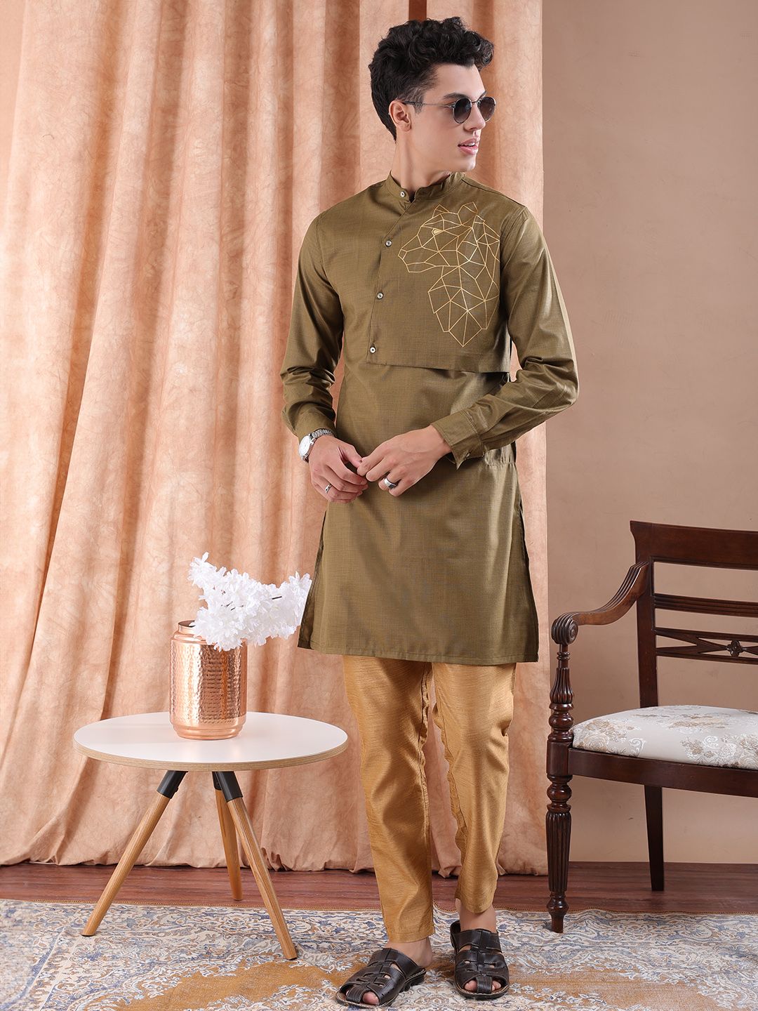 The Indian Garage Co Men Brown Solid Angrakha Kurta with Printed Detailing