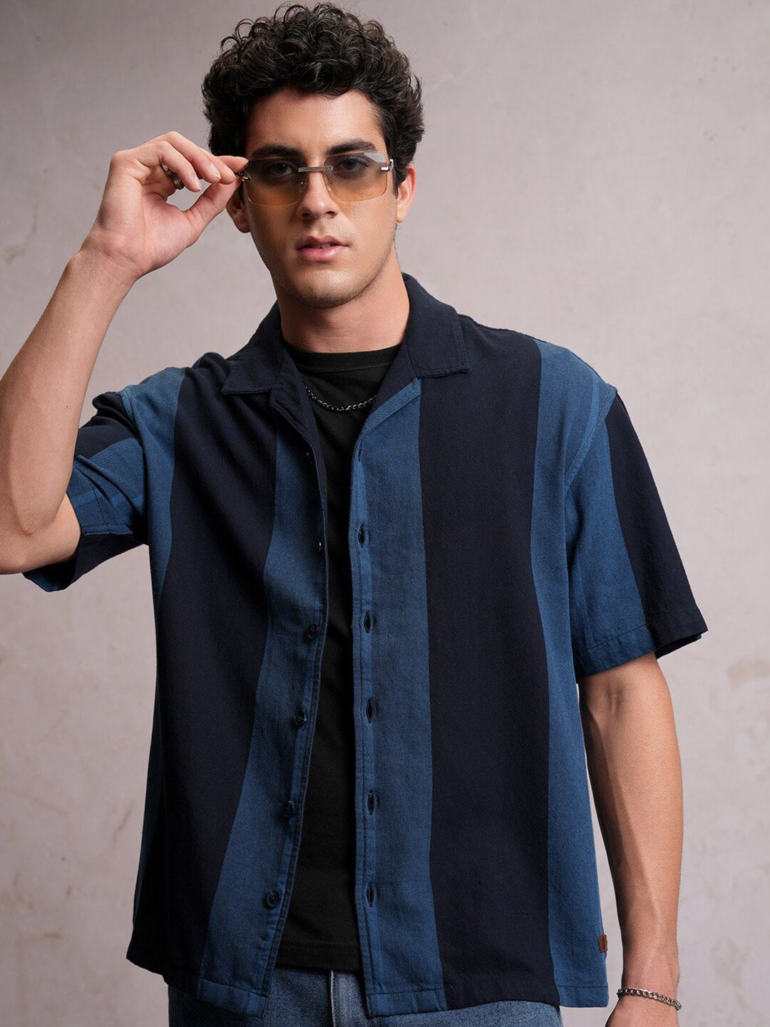 Locomotive Men Navy Dobby Textured Striper Camp Collar Oversized Shirt