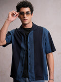Locomotive Men Navy Dobby Textured Striper Camp Collar Oversized Shirt
