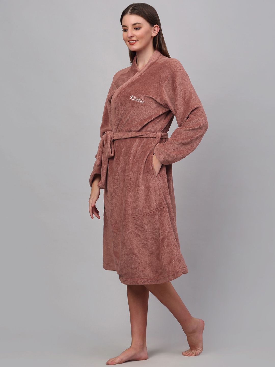 KLOTTHE Women Solid Woolen Bath Robe With Belt