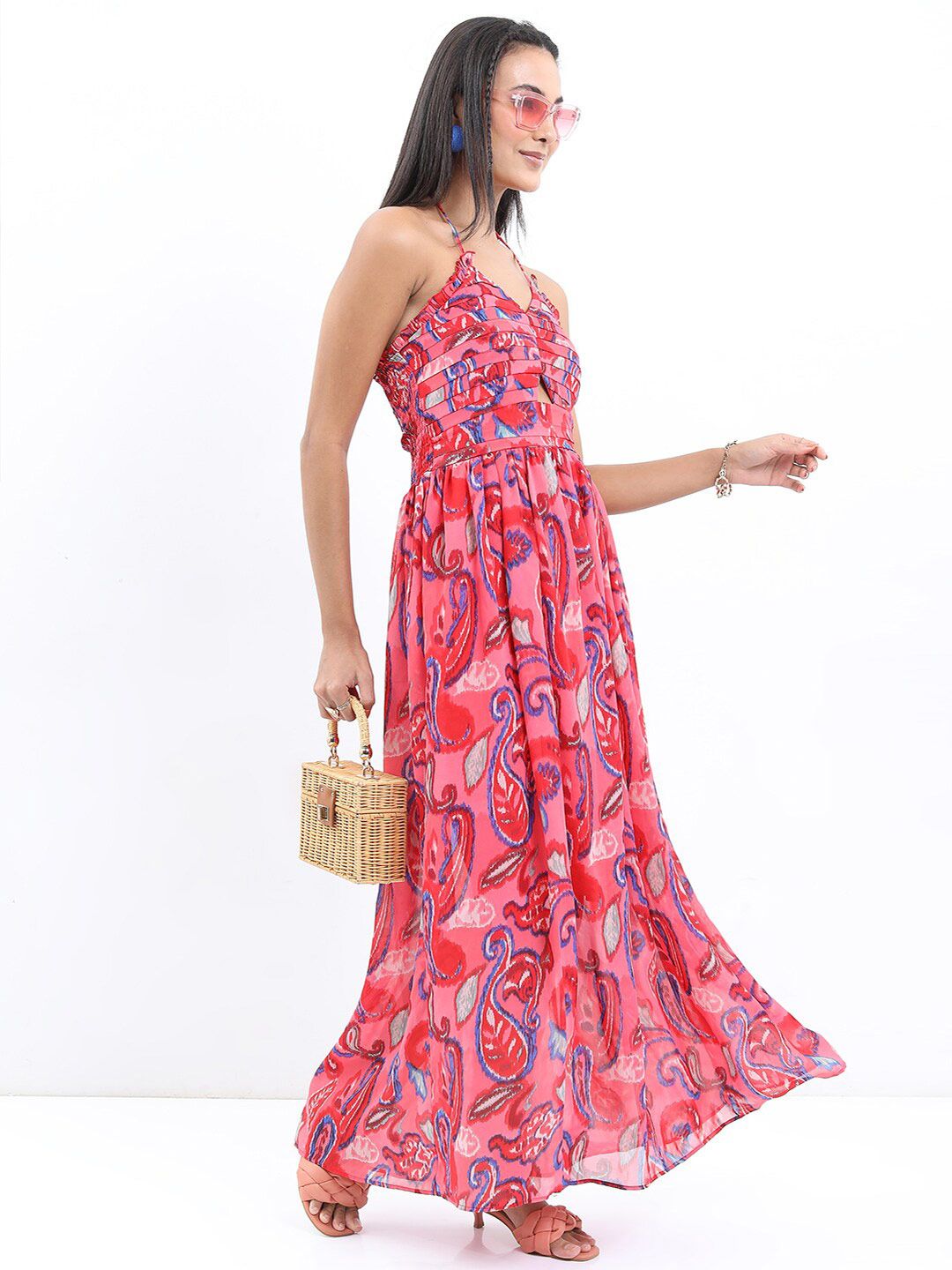 Tokyo Talkies Ethnic Motifs Printed Halter Neck Maxi Dress