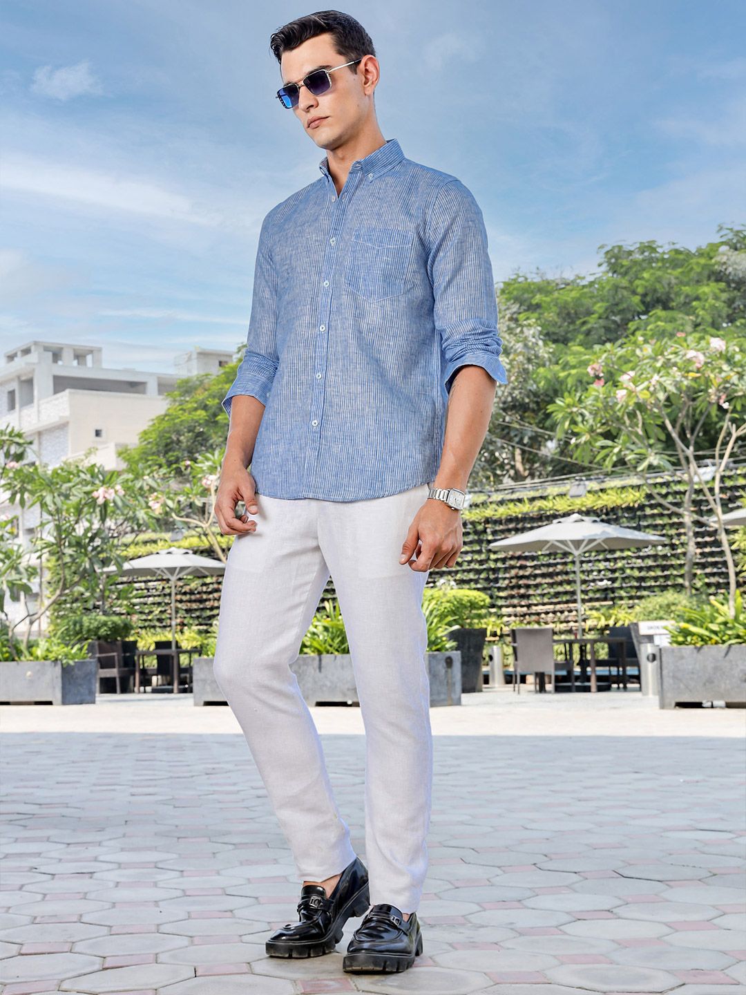 Thomas Scott Men Premium Regular Fit Vertical Striped Linen Casual Shirt