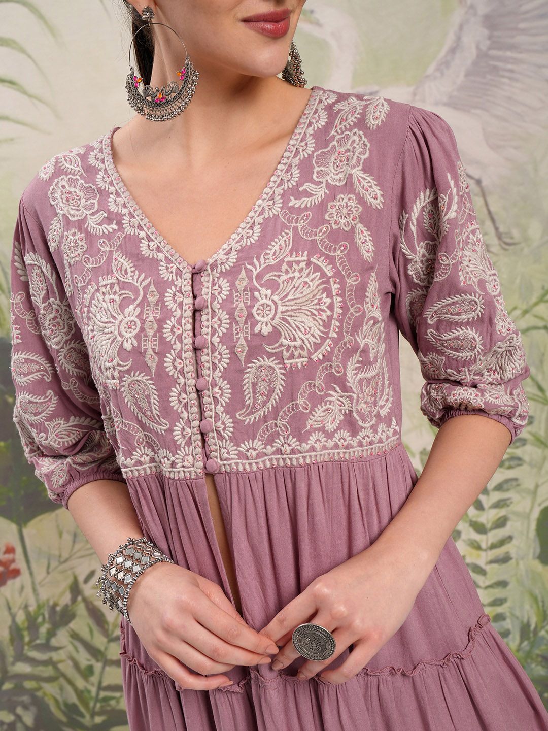 Vishudh V Neck Three Quarter Puff Sleeves Embroidered Anarkali Kurta Sets