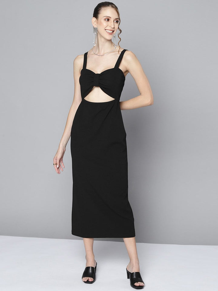 SASSAFRAS Women Black Textured Sheath Midi Dress