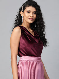 SASSAFRAS Burgundy Velvet Finish Cowl Neck Top