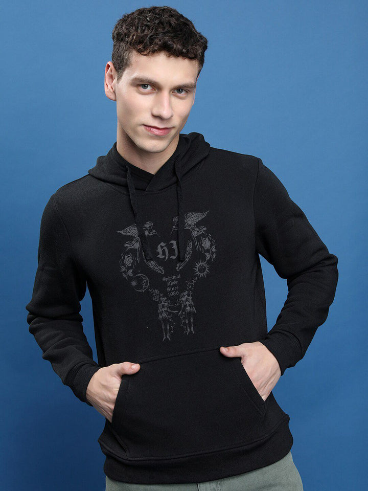 HIGHLANDER Men Black Printed Cotton Pullover Sweatshirt