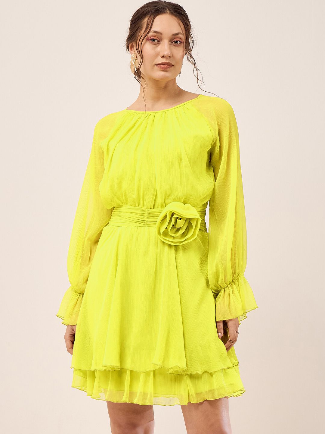 Antheaa Lime Green Cuff Sleeve Chiffon Fit & Flare Dress