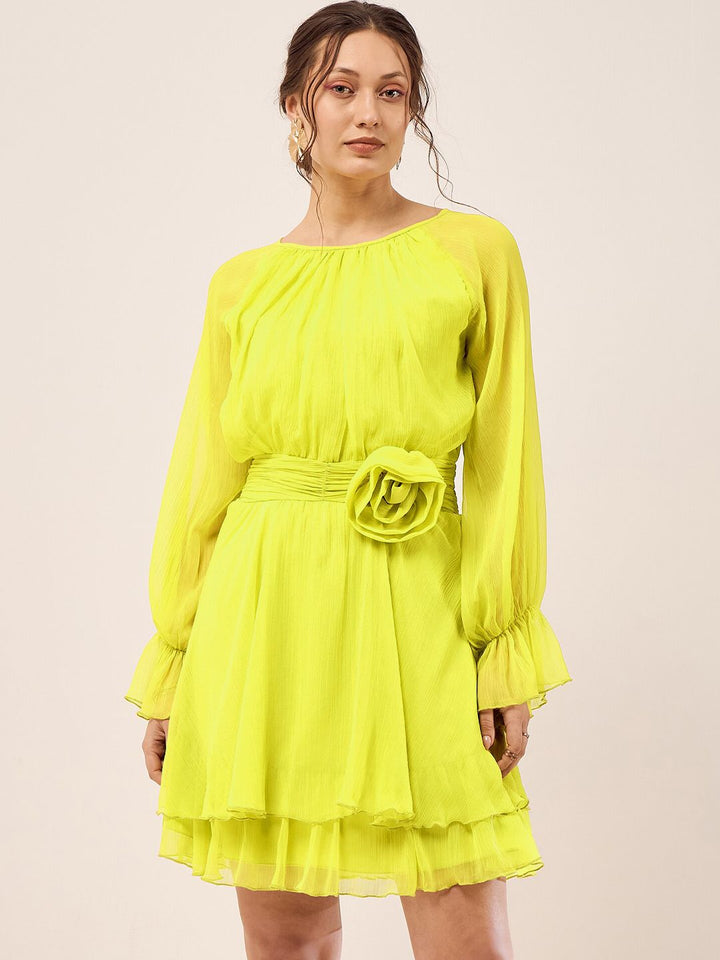 Antheaa Lime Green Cuff Sleeve Chiffon Fit & Flare Dress