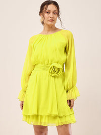 Antheaa Lime Green Cuff Sleeve Chiffon Fit & Flare Dress