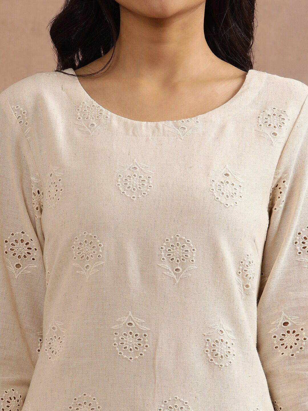W Beige Floral Embroidered Thread Work Straight Kurta