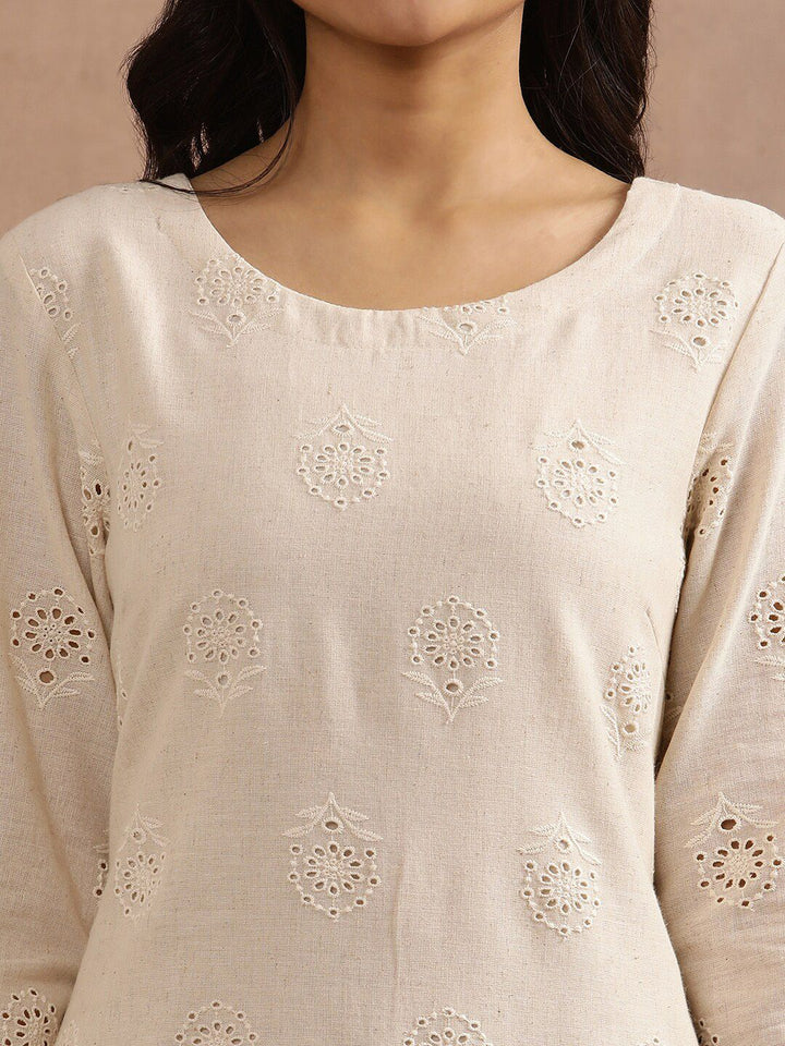 W Beige Floral Embroidered Thread Work Straight Kurta