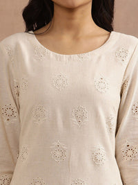 W Beige Floral Embroidered Thread Work Straight Kurta
