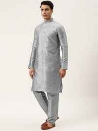 SOJANYA Men Grey & Green Solid Kurta with Churidar & Printed Jacket