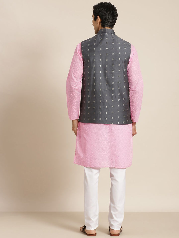 SOJANYA Men Pink Chikankari Pure Cotton Kurta with Churidar & Nehru Jacket