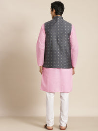 SOJANYA Men Pink Chikankari Pure Cotton Kurta with Churidar & Nehru Jacket