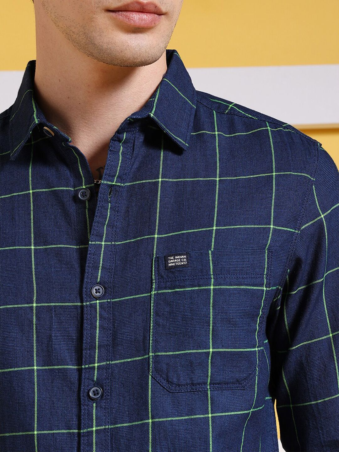 The Indian Garage Co Navy Blue Slim Fit Windowpane Checked Pure Cotton Casual Shirt