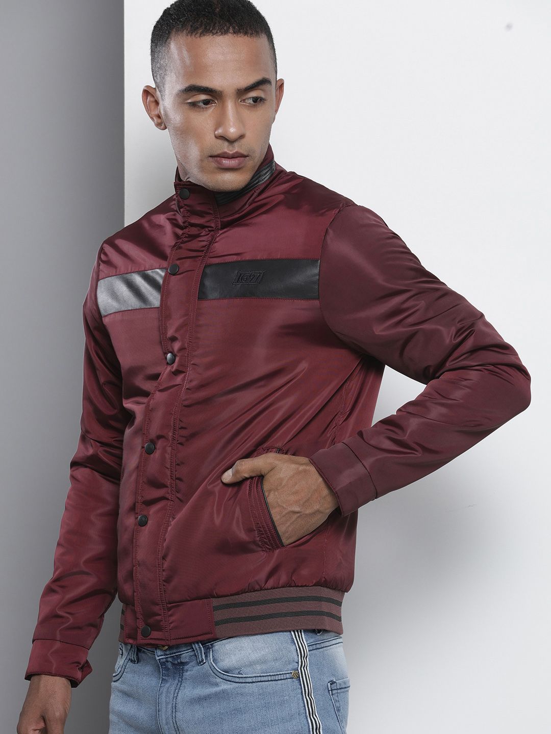The Indian Garage Co Men Slim Fit Bomber Jacket with Insert Pockets