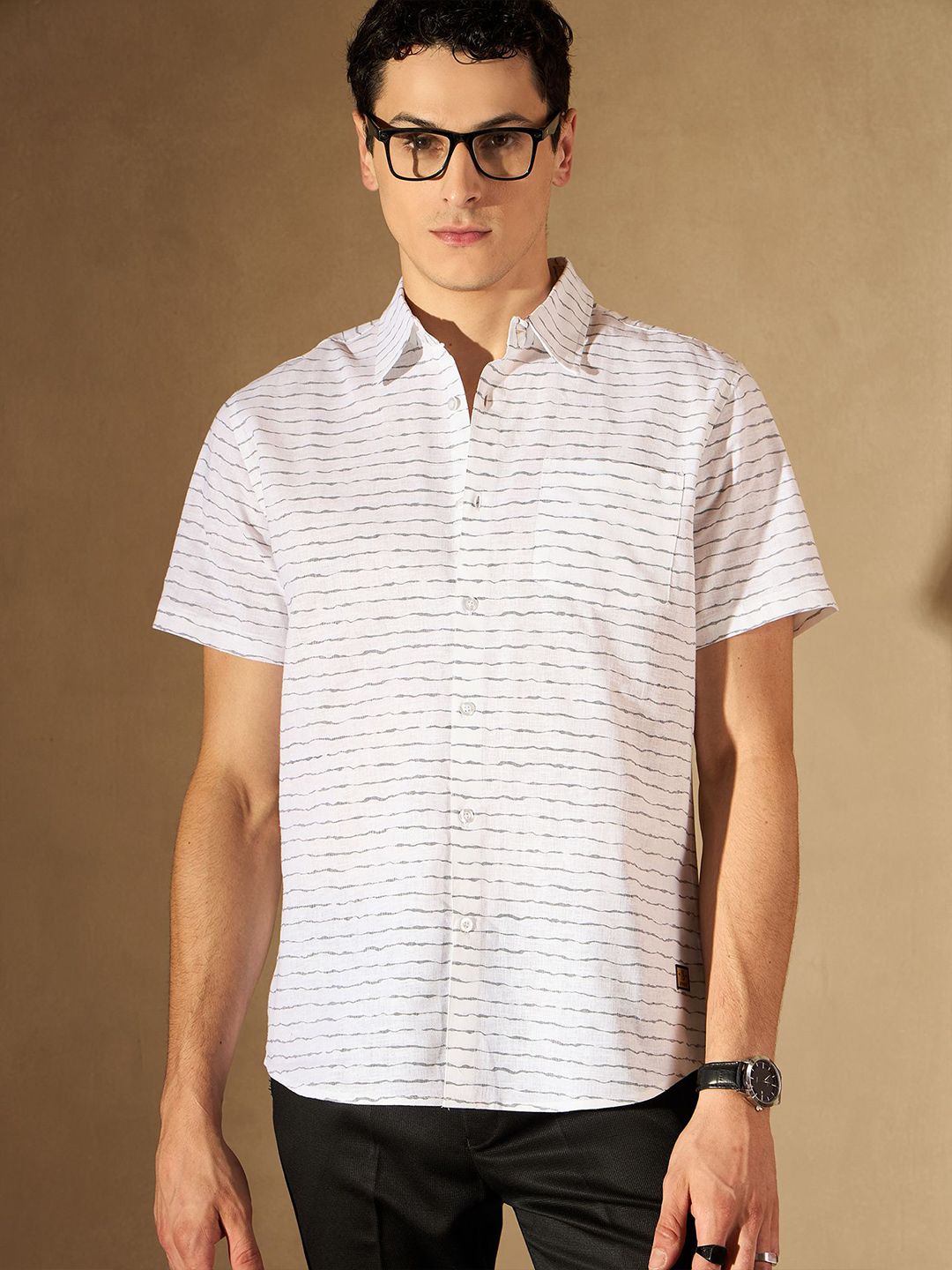 DENNISON Horizontal Striped Spread Collar Smart Regular Fit Cotton Casual Shirt