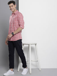 The Indian Garage Co Men Pink & White Checked Cotton Casual Shirt