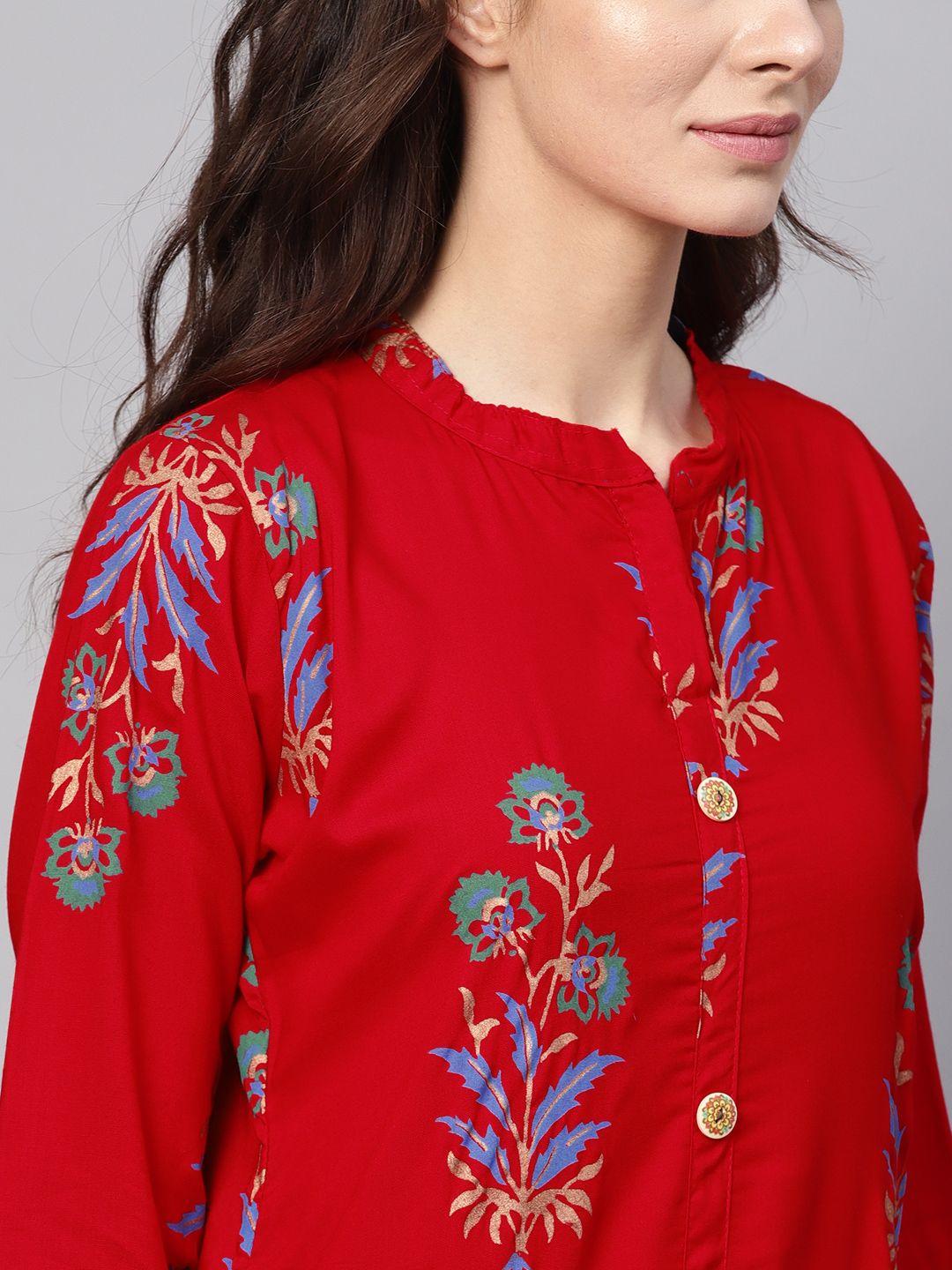 SOJANYA Women Red & Blue Foil Print Straight Kurta