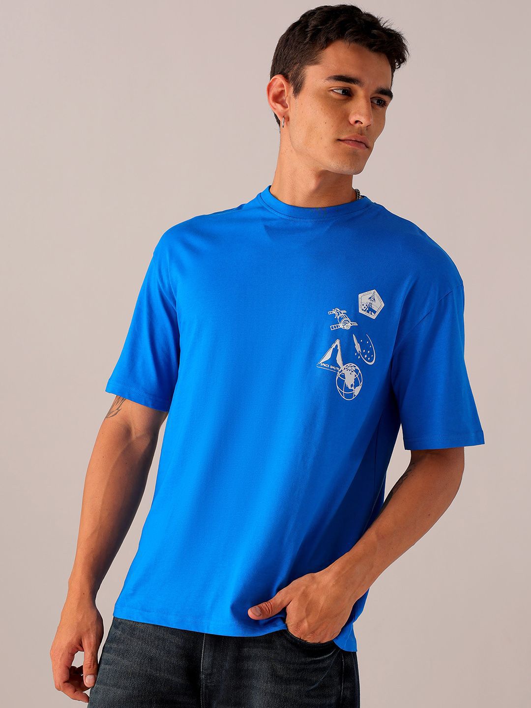 The Indian Garage Co Men Pure Cotton Back Printed Boxy Oversized Round Neck T-shirt